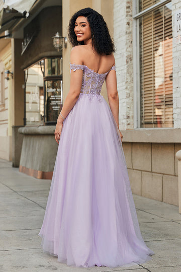 Splendida linea Off the Shoulder Corsetto viola abito da ballo con appliques